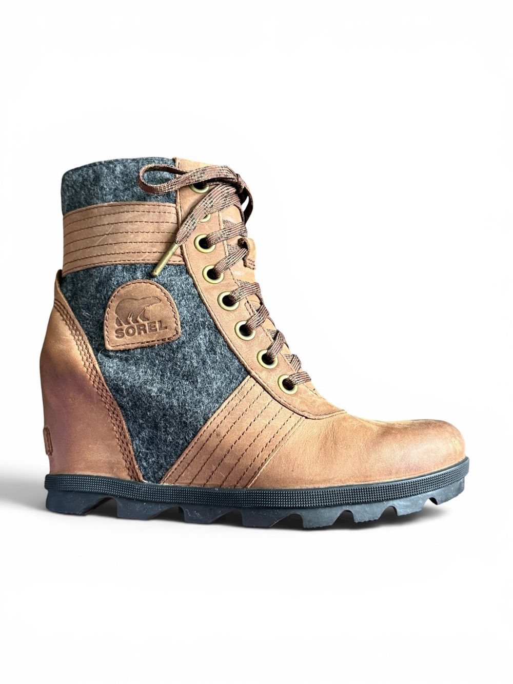 SOREL Lexie Tan Leather and Gray Wool Lace-Up Wedge Boot Size 8.5 Women